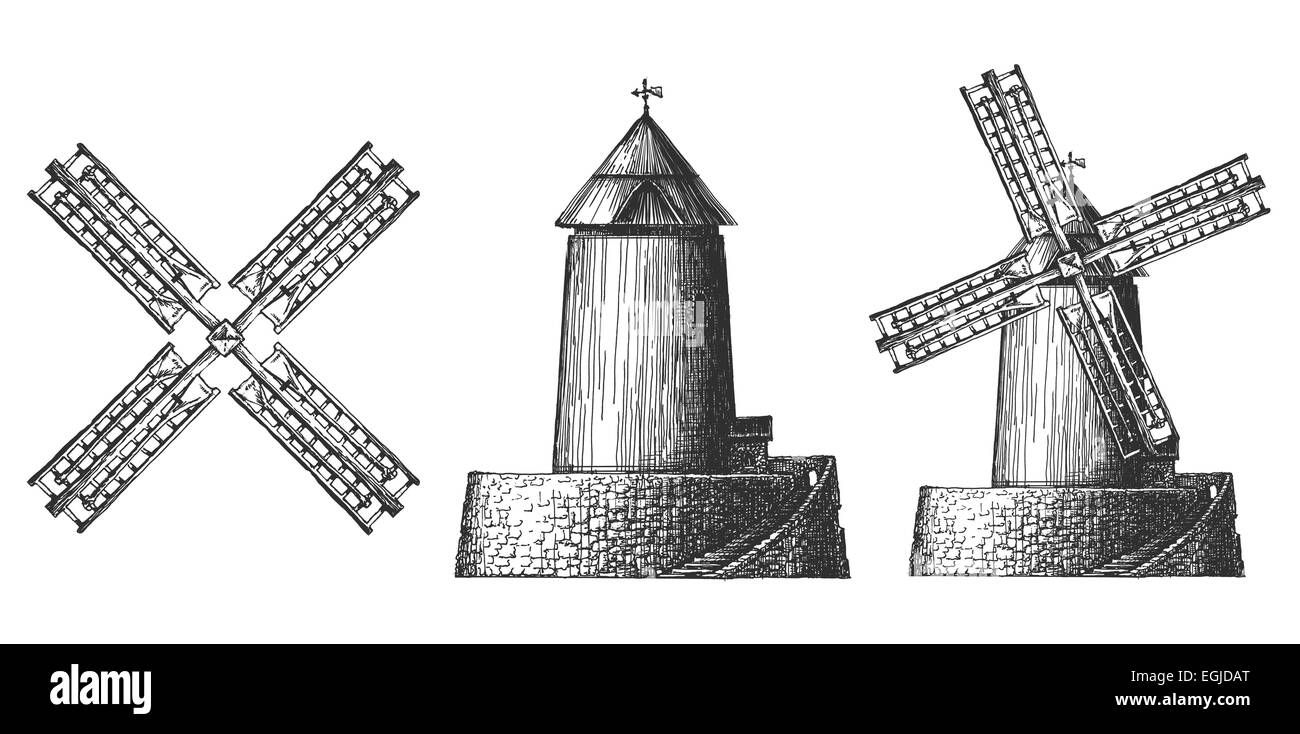 Artikel voller Windmühlen auf weißem Hintergrund. Skizze Stockfoto