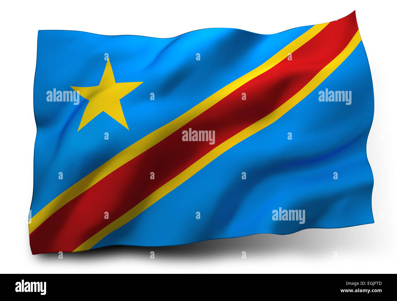 Wehende Flagge der Demokratischen Republik Kongo isoliert auf weißem Hintergrund Stockfoto