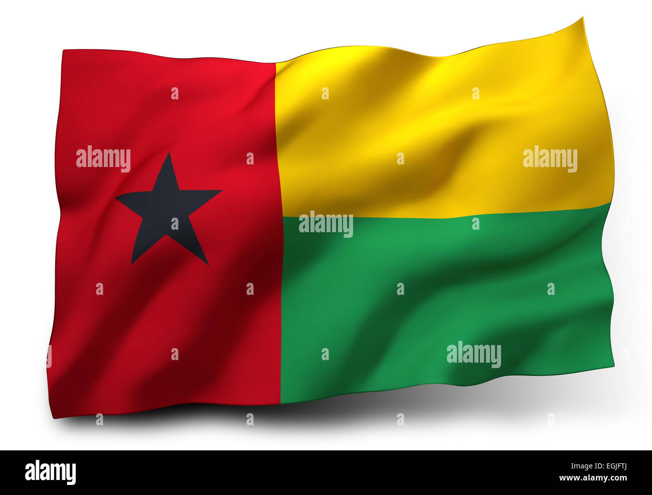 Wehende Flagge von Guinea-Bissau isoliert auf weißem Hintergrund Stockfoto
