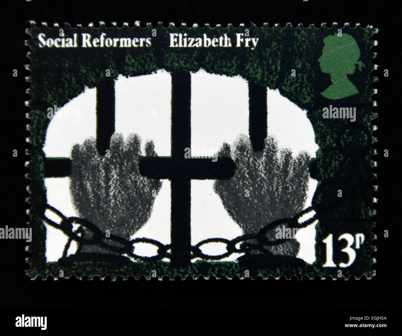 Briefmarke. Great Britain. Königin Elizabeth II. 1976. Sozialreformer. Händen umklammert Gittern (Elizabeth Fry). Stockfoto