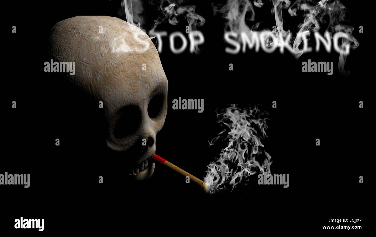 Schädel und Zigarre rauchen aufhören rauchigen Text Stockfoto