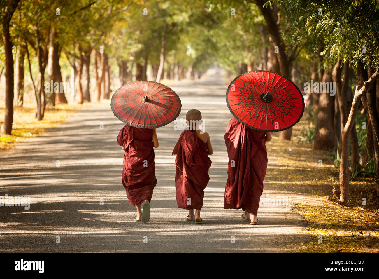 Drei junge buddhistische Mönche zu Fuß entlang einer Straße, Bagan, Myanmar (Burma), Asien Stockfoto