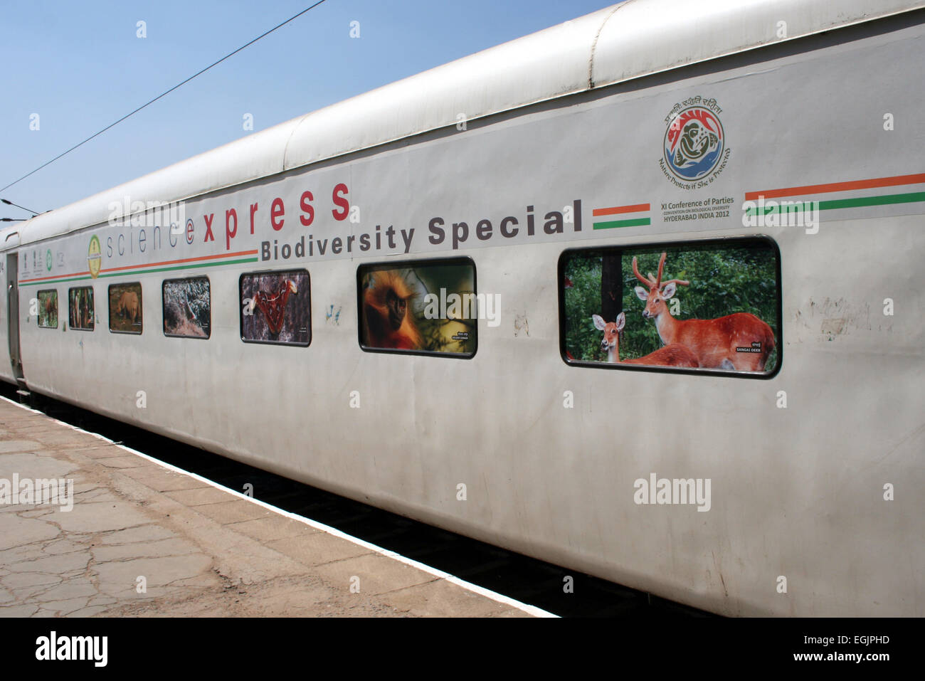 Indian Railways Wissenschaftszug mit Bio-Diversität-Awareness-Programm auf Besuch in Secunderabad, AP, Indien am Oktober 10,2012. Stockfoto
