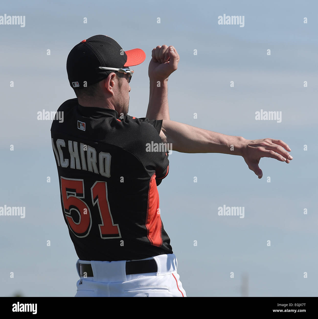 Jupiter, Florida, USA. 25th Feb, 2015. Ichiro Suzuki (Marlins) MLB : Ichiro  Suzuki of the Miami Marlins wears a t-shirt reading OTSUKARE SABA during  the Miami Marlins spring training camp in Jupiter