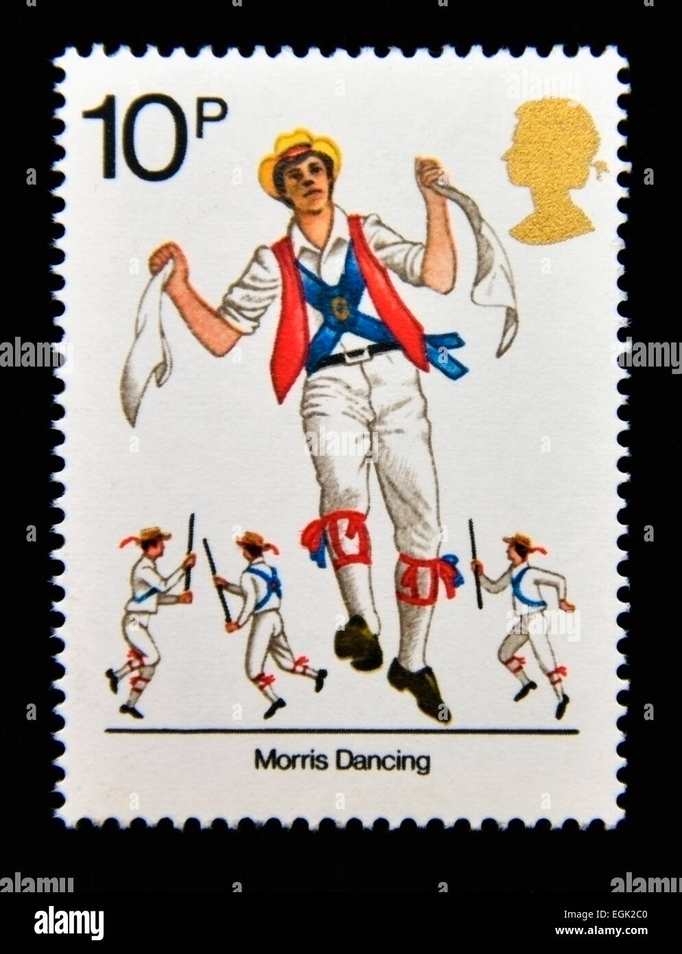 Briefmarke. Great Britain. Königin Elizabeth II. 1976. britische kulturelle Traditionen. Morris tanzen. Stockfoto