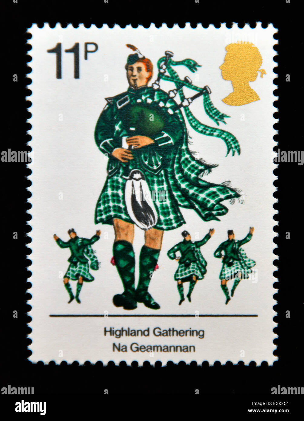 Briefmarke. Great Britain. Königin Elizabeth II. 1976. britische kulturelle Traditionen. Highland Gathering. Stockfoto