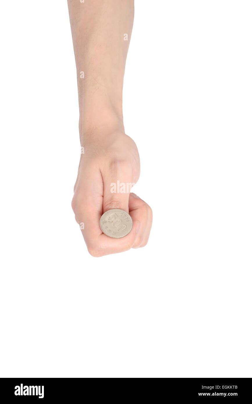 Hand, werfen eine Münze, isoliert auf weiss Stockfoto