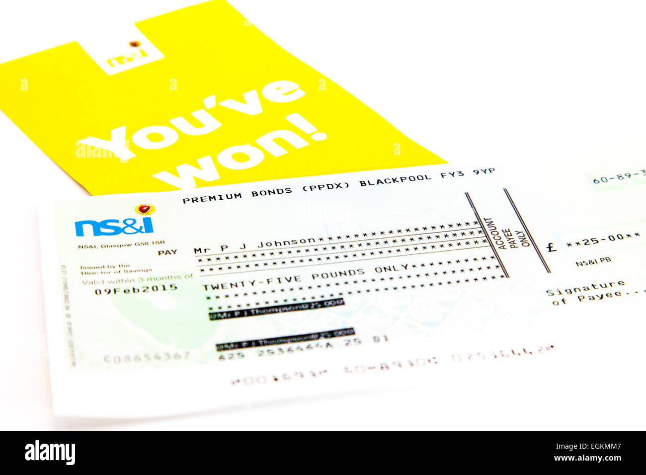 Premium-Bond gewinnt Anleihen Gewinner Scheck Scheckzahlung nationale Einsparungen & Investitionen Investitionen Stockfoto
