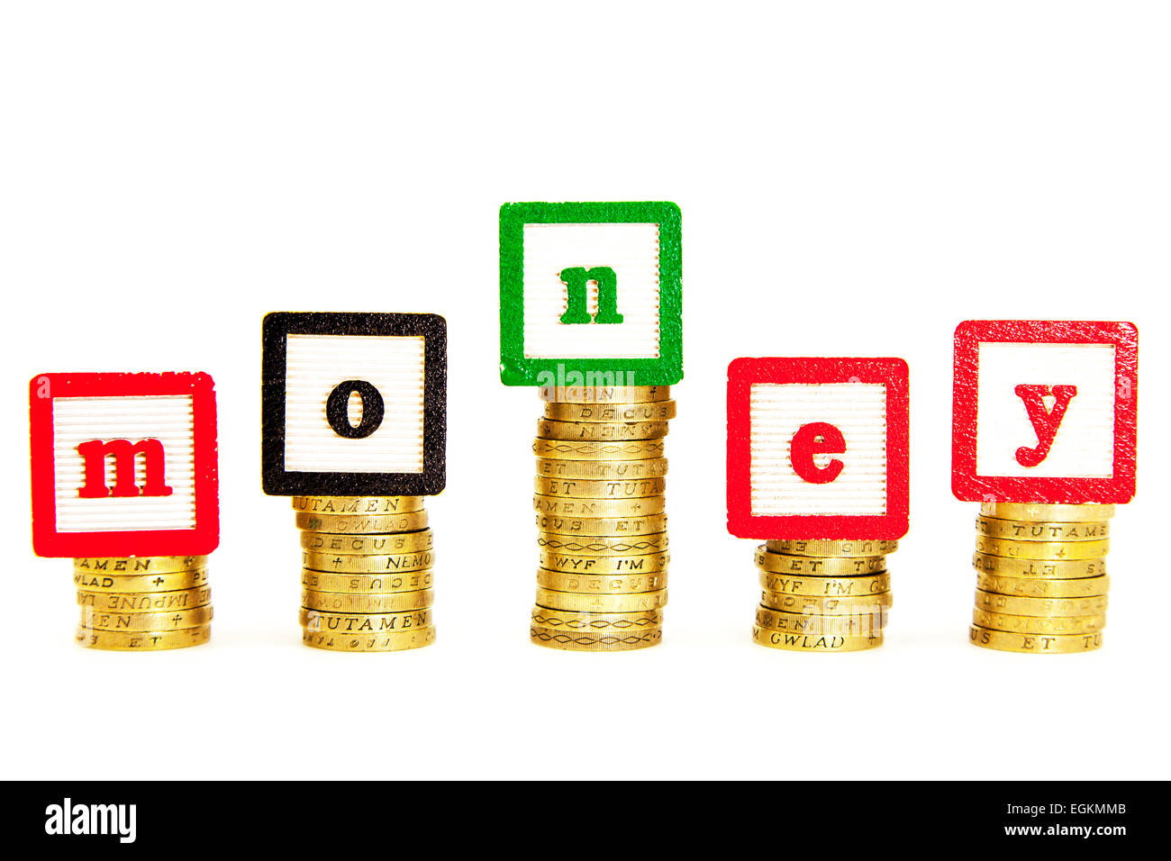 Geld Geld Ausgaben Pfund Währung Fonds Fonds sparen Einsparungen Dosh Wonga Stash Ausschnitt ausschneiden weißen Hintergrundkopie speichern Stockfoto