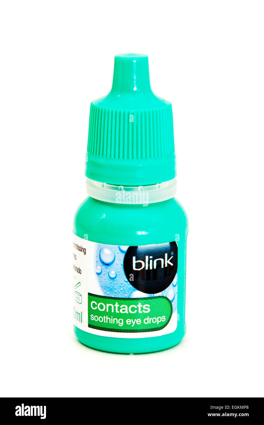 Kontaktlinsen-Augentropfen, die weißen Hintergrund blinken Kontakte beruhigende Produkt Pflege Logo Ausschnitt Ausschneiden Kopieren Raum isoliert Stockfoto