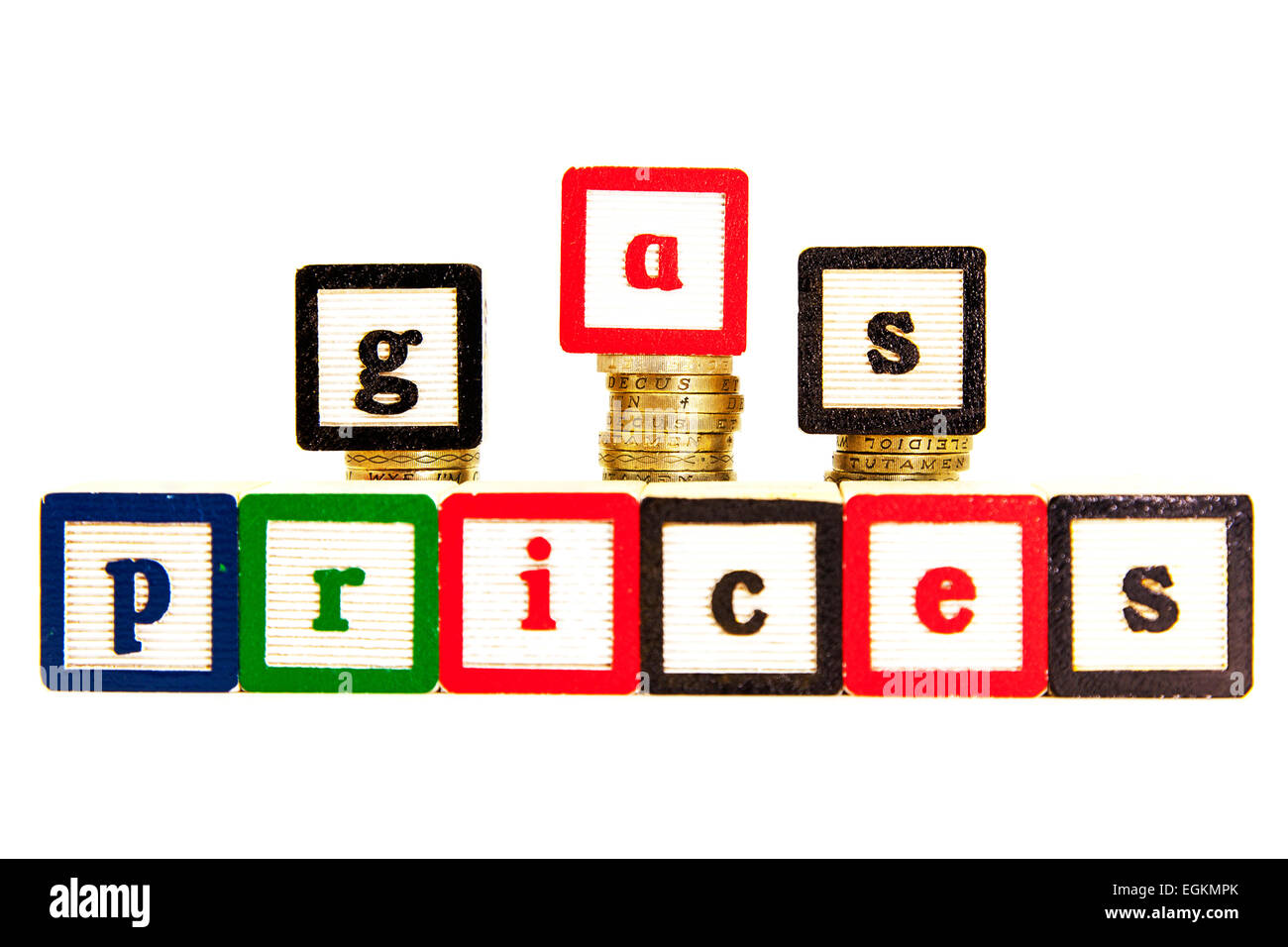 Gaspreise Kosten Kraftstoff Kosten Preis, niedrige untere steigenden British fix festgelegten Ausschnitt ausschneiden textfreiraum weißen Hintergrund isoliert Stockfoto