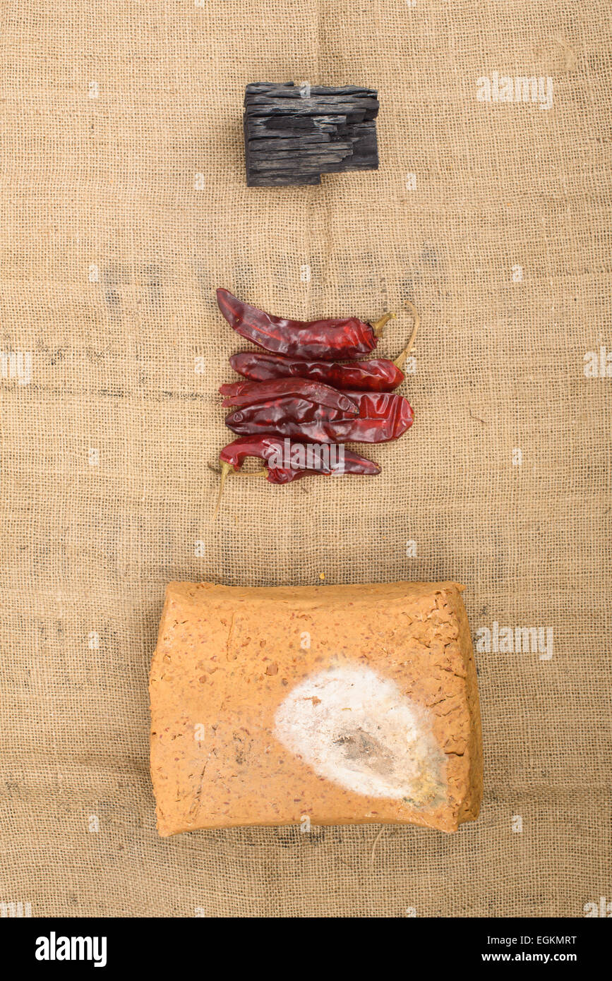 Meju (fermentierte Sojabohnen Klumpen) und Grundzutaten Doenjang machen Stockfoto