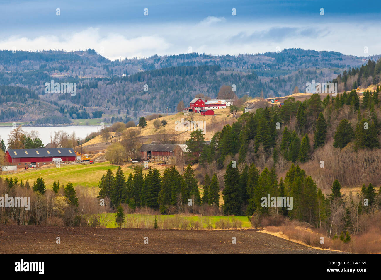 Norwegische Landschaft mit roten Holzhäusern auf Hügeln Stockfoto