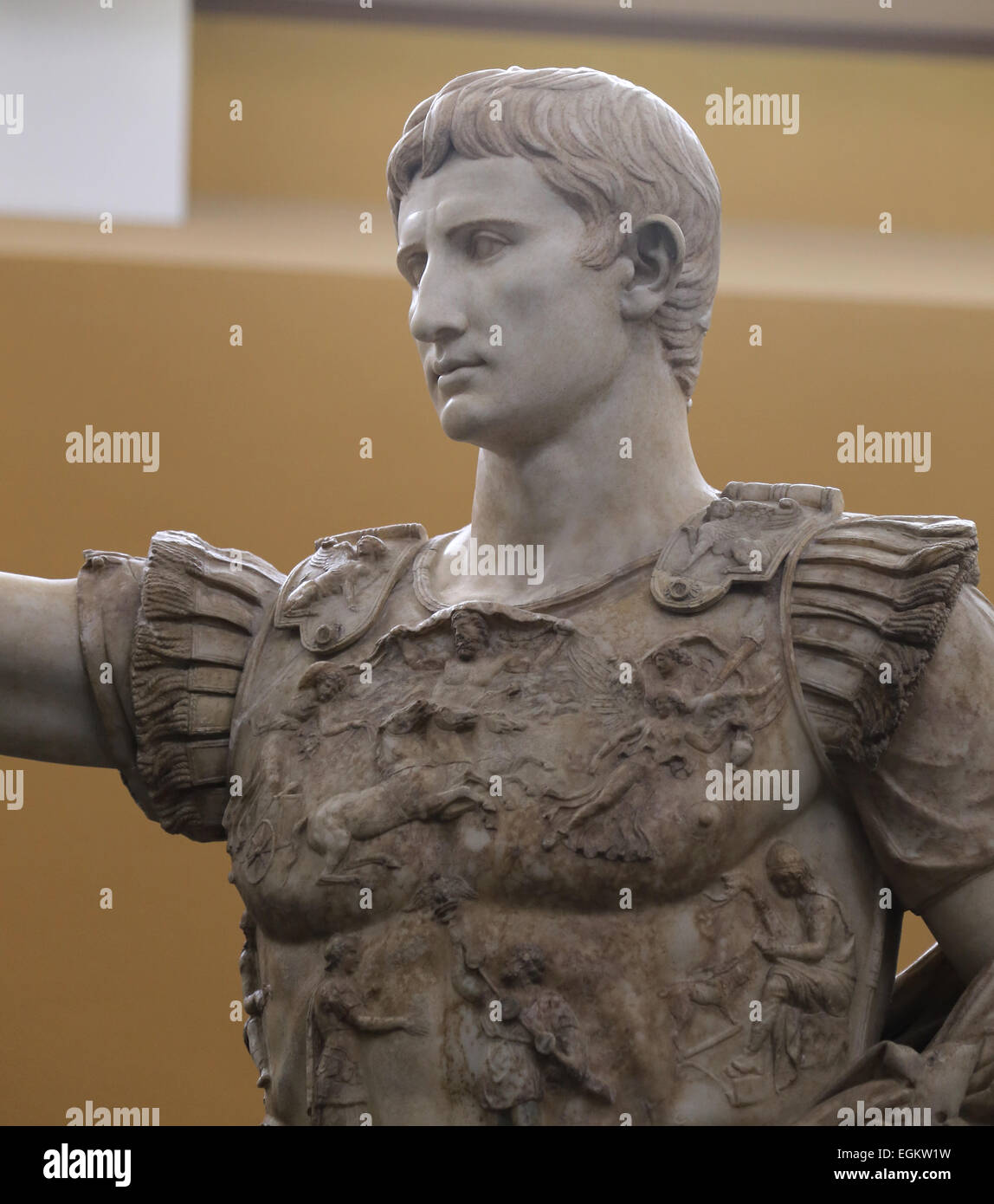 Römische Kunst. Augustus (61 v. Chr. - 14 n. Chr.). Erster Kaiser des römischen Reiches. Marmorstatue des Augustus von Prima Porta. (1. Jahrhundert). V Stockfoto