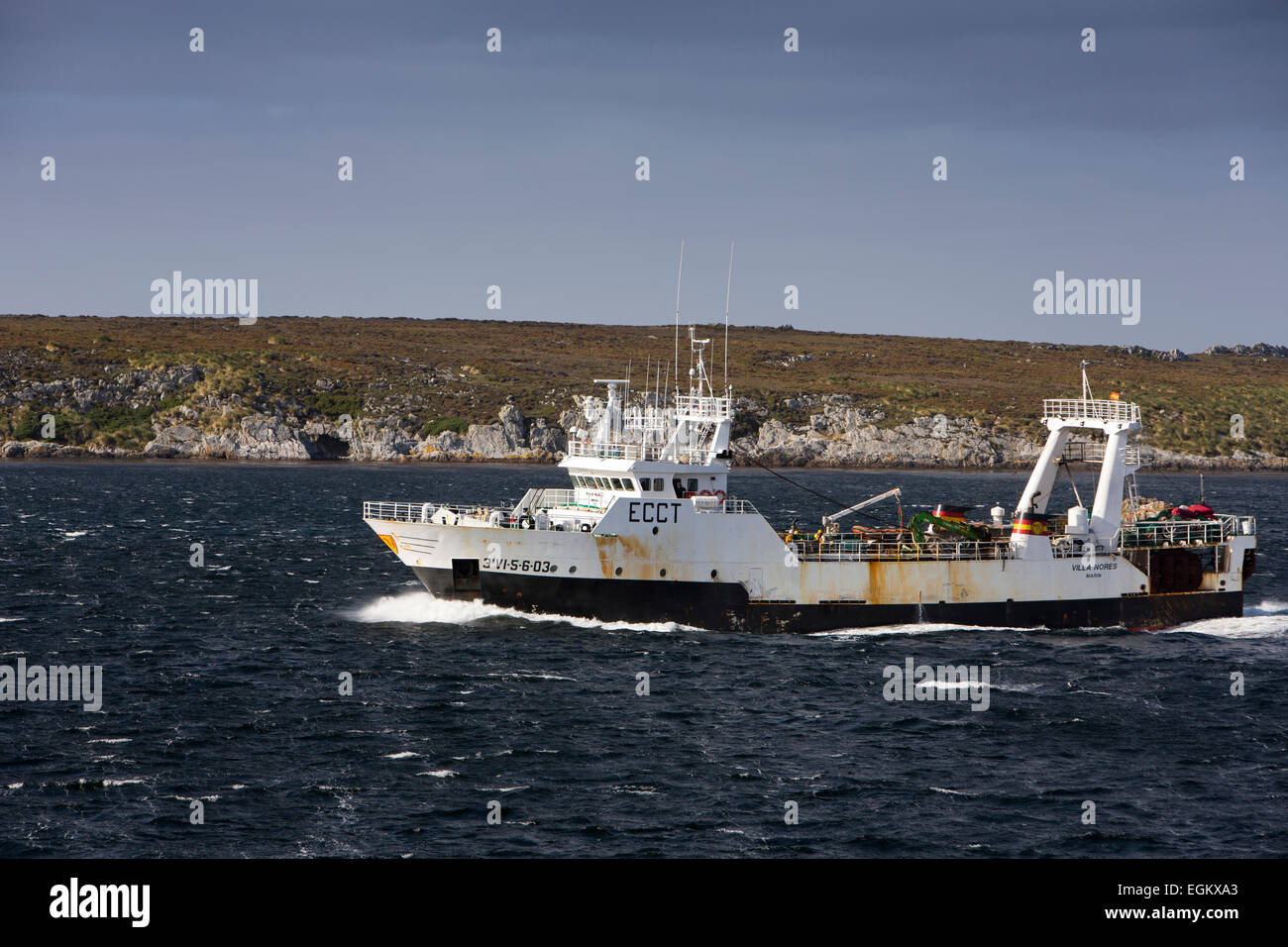 Südatlantik, Falkland-Inseln, Stanley, Fischereifahrzeug Villa Nores verlassen Innenhafen Stockfoto