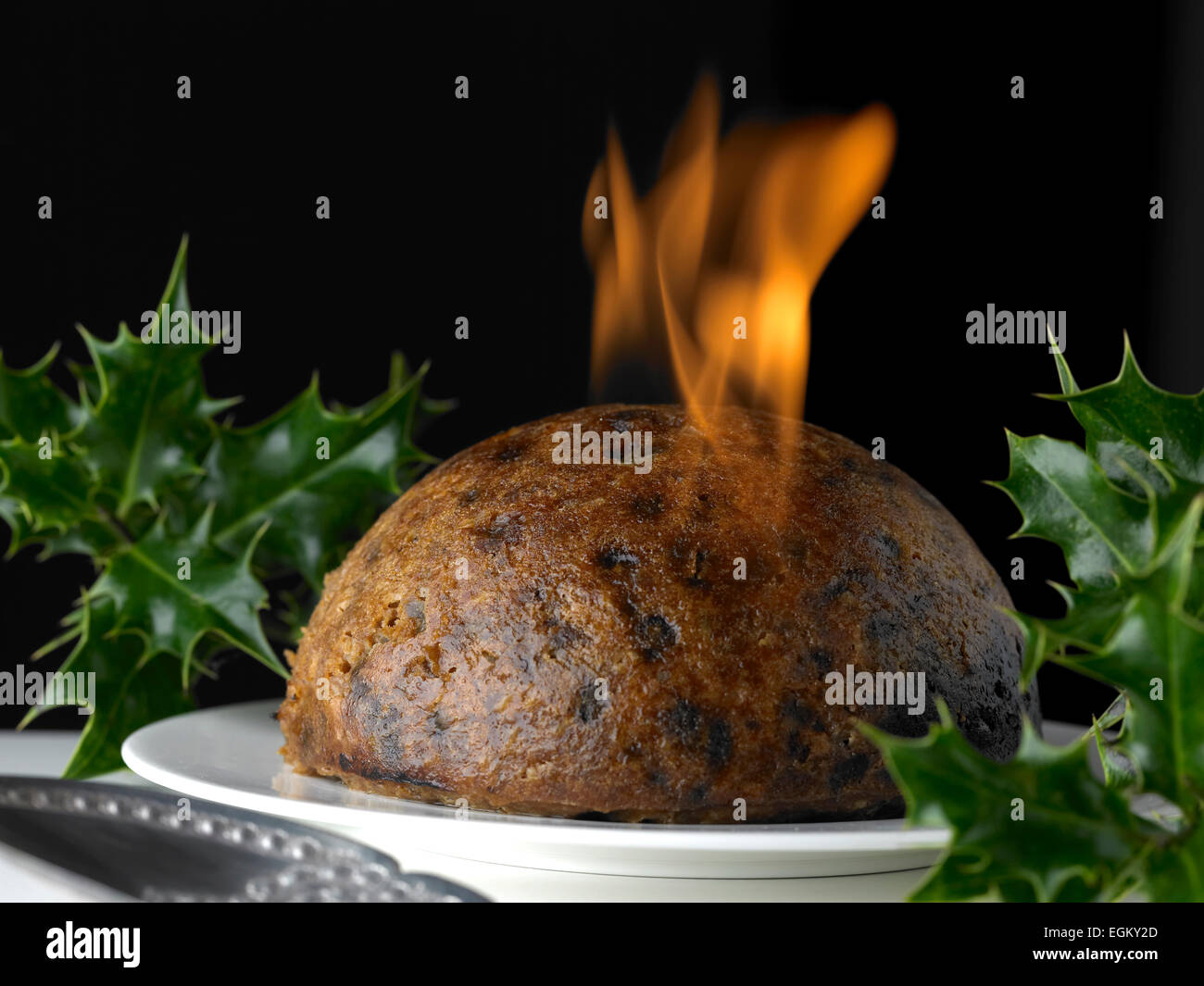 Christmas Pudding Flamme Stockfoto