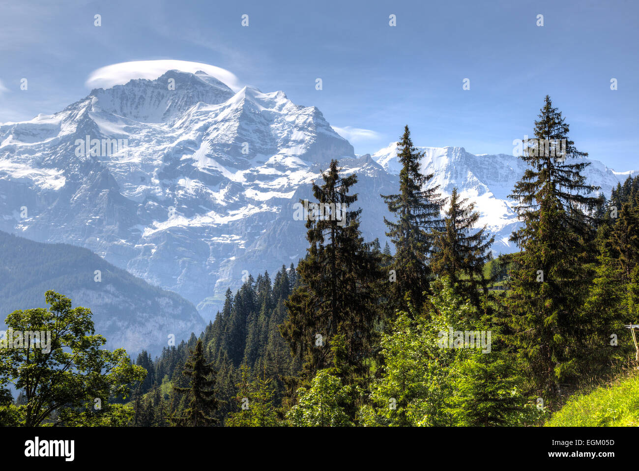 Blick vom Wanderweg zwischen den Bergdörfern von Grutschalp und Winteregg in den Schweizer Alpen. Stockfoto