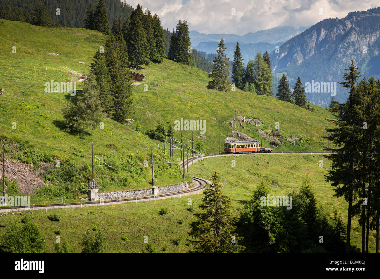 Die Bergbahn Lauterbrunnen-Mürren (BLM) Straßenbahn besteigt seinen Weg durch die Berge Grutschalp, Ausland. Stockfoto