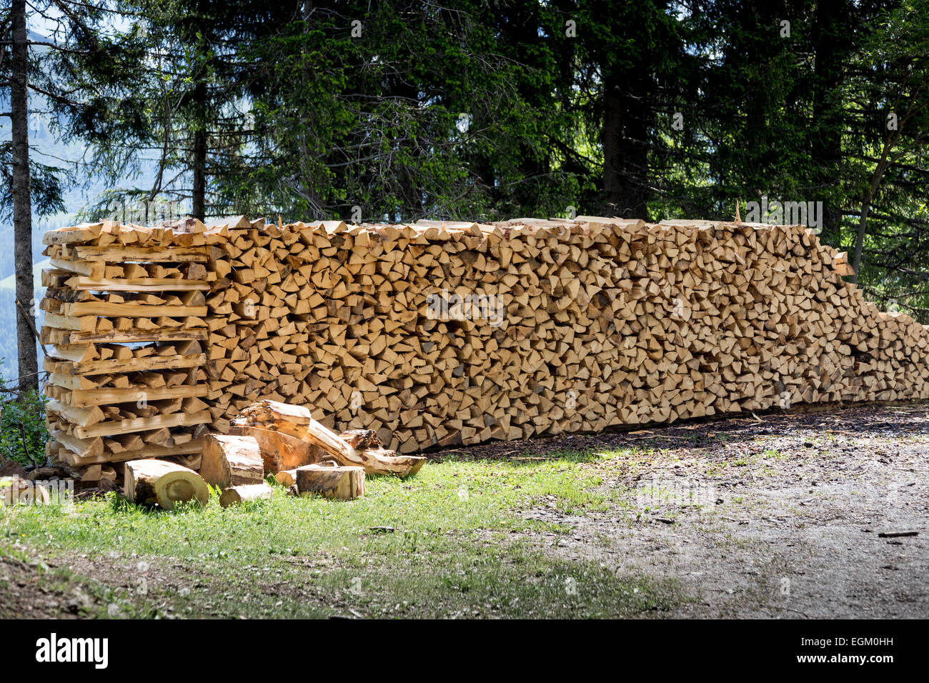Holz stapeln in Schweizer Alpen Stockfoto