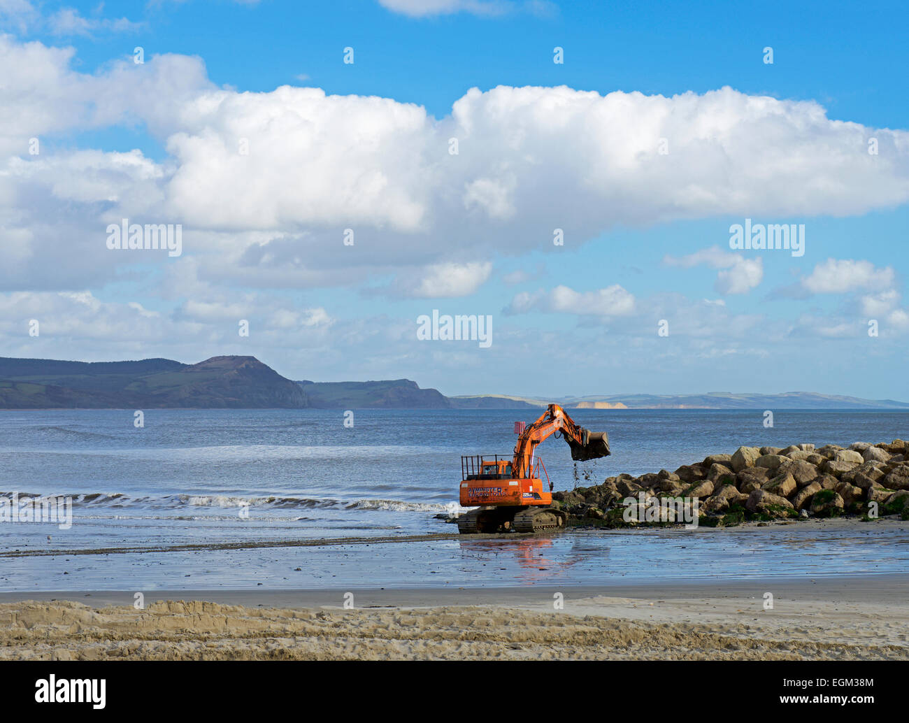 Nivellierung des Strands bei Lyme Regis mit einem JCB Bagger, Dorset, England UK Stockfoto