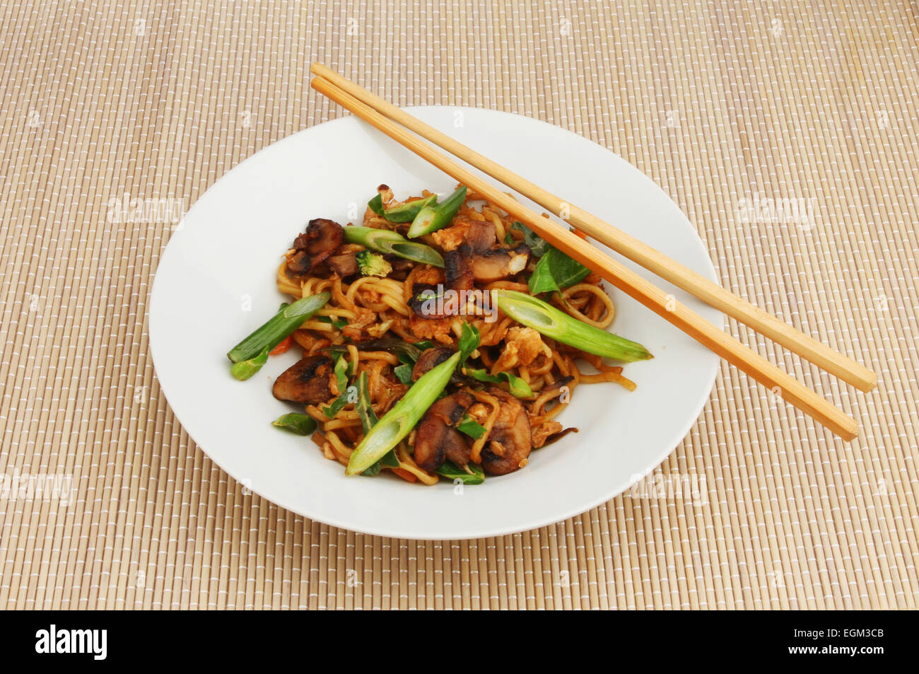 Chinesische Ei Nudeln und Gemüse unter Rühren braten in eine Schüssel mit Stäbchen auf einer Bambusmatte Stockfoto