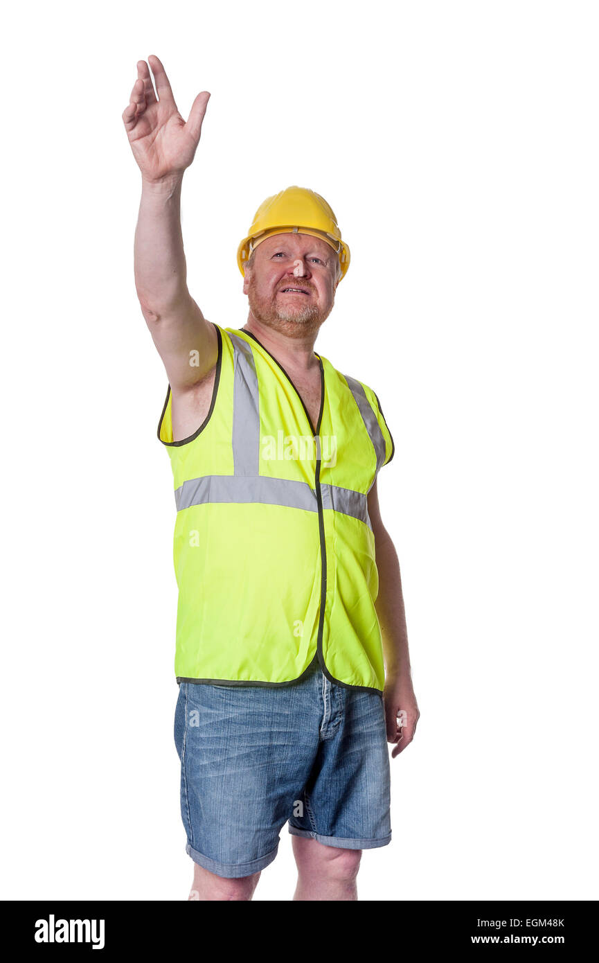 Arbeiter in Bauarbeiterhelm gestikulieren, isoliert auf weiss Stockfoto
