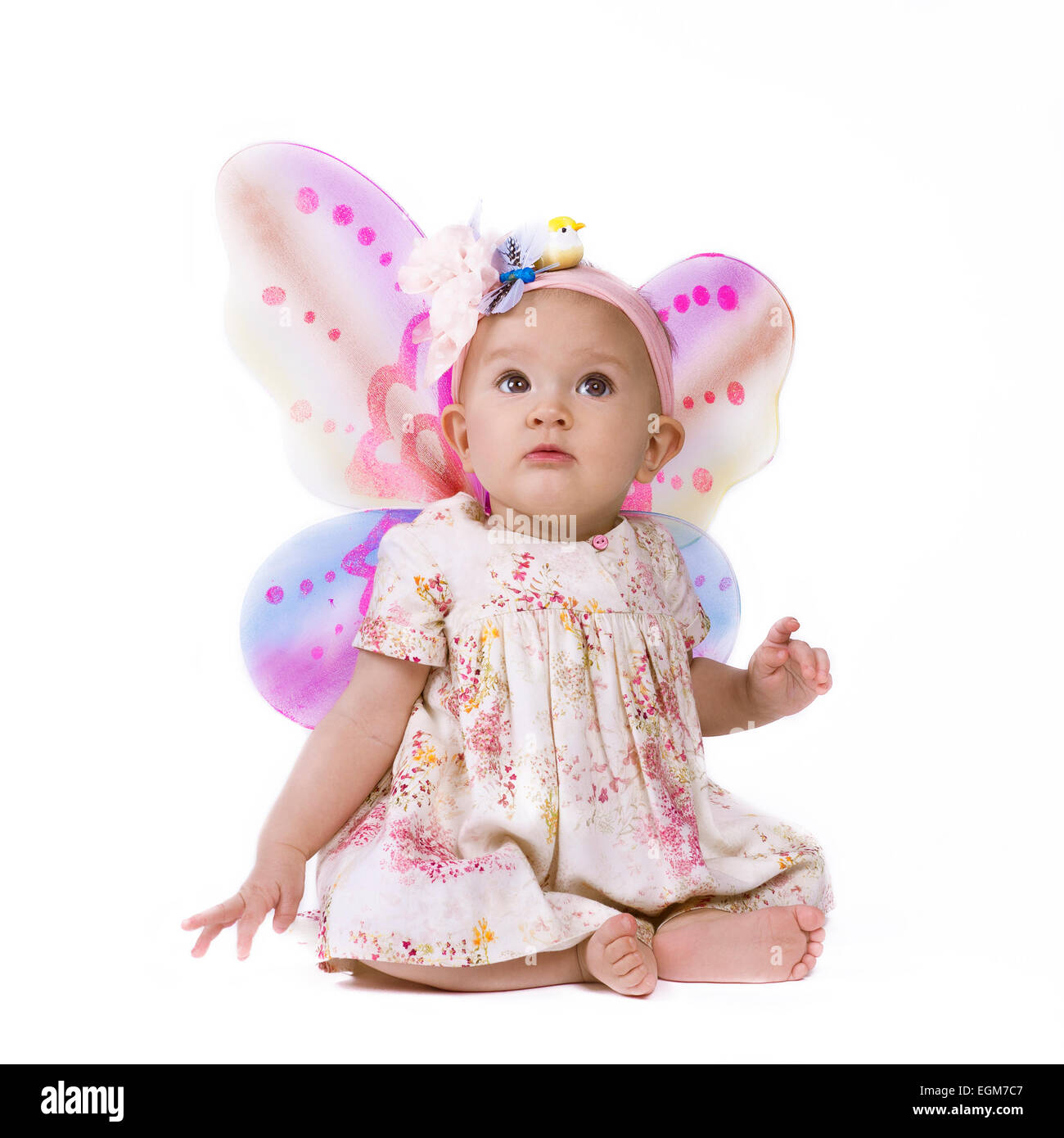 Isoliert von einem niedlichen Babymädchen mit Schmetterlingsflügeln nachschlagen. Stockfoto