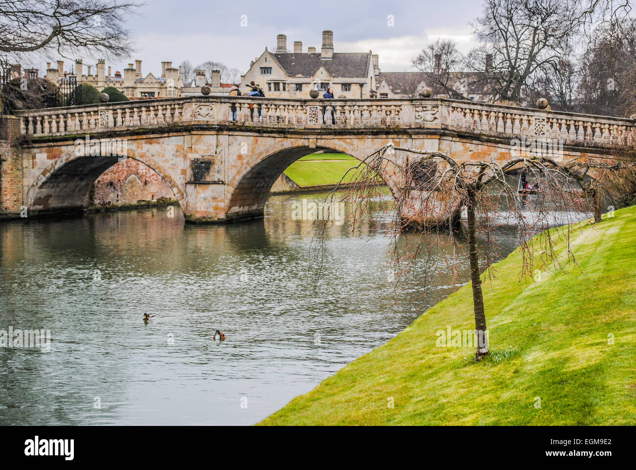 Eine kleine Fußgängerbrücke überquert den Fluss Cam in einem der mehreren Parks of Cambridge (UK) Stockfoto