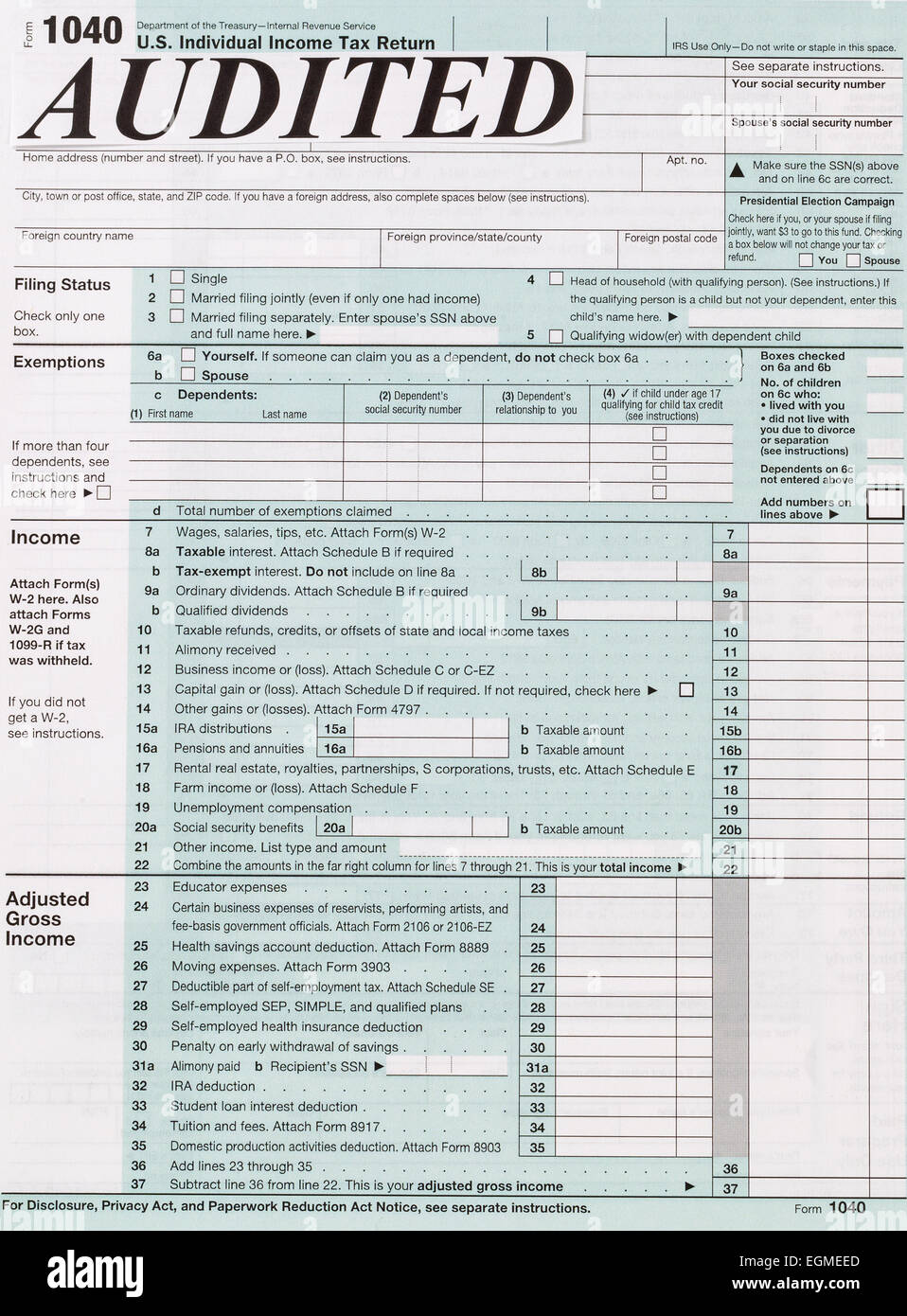 Vertikales Bild der individuellen Einkommensteuer Form mit dem Wort, in großen Lettern, audit. Finanzielle Geschäftskonzept für steuerliche Zwecke Stockfoto