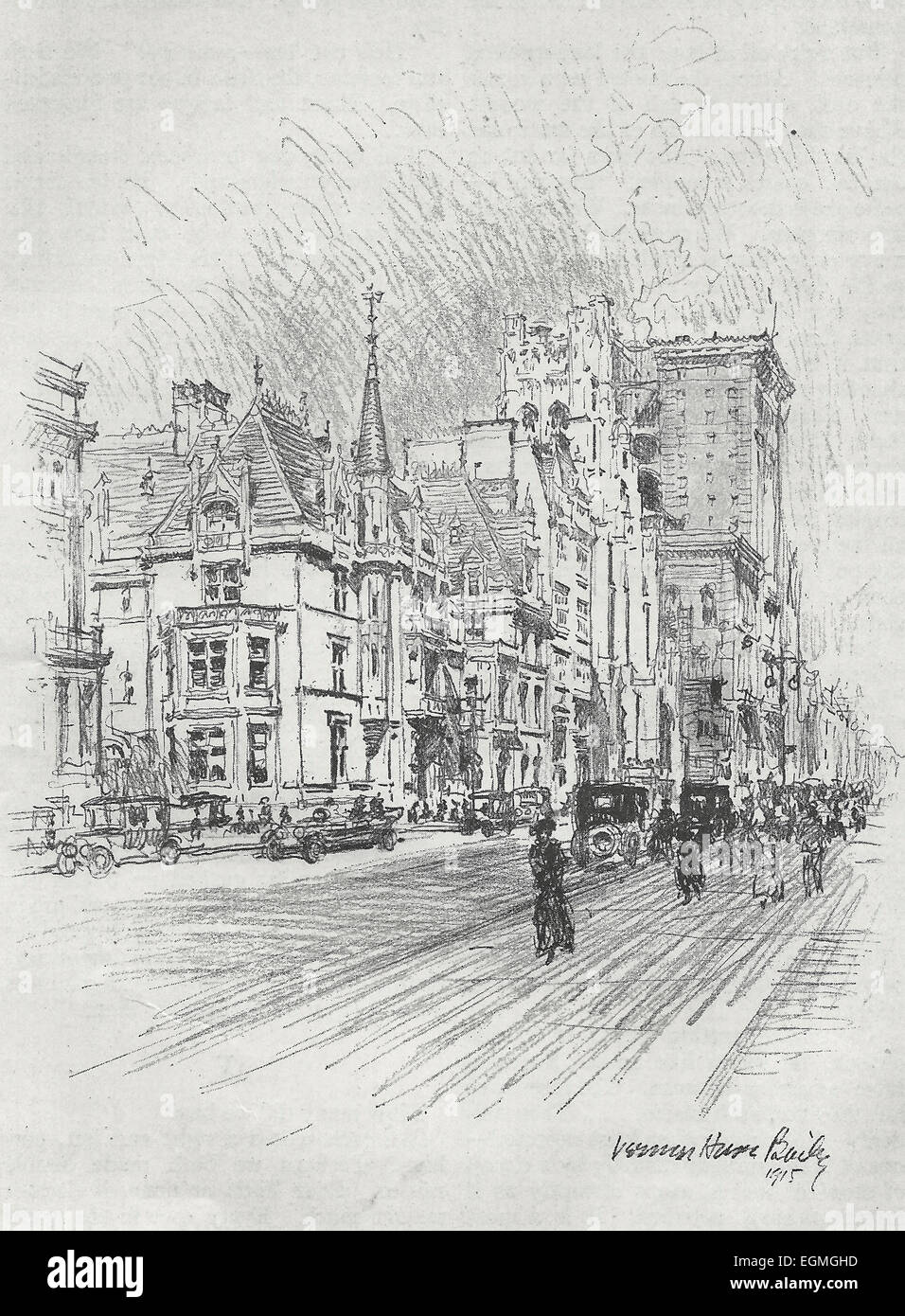 Ein bisschen fifth Avenue 52nd Street. Vanderbilt Residenzen, St. Thomas Church, University Club, Hotel Gotham Vernon Howe Bailey, 1915 Stockfoto