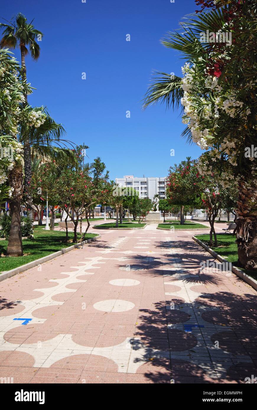 Blick entlang der von Bäumen gesäumten Promenade, Garrucha, Provinz Almeria, Costa Almeria, Andalusien, Spanien, Westeuropa. Stockfoto