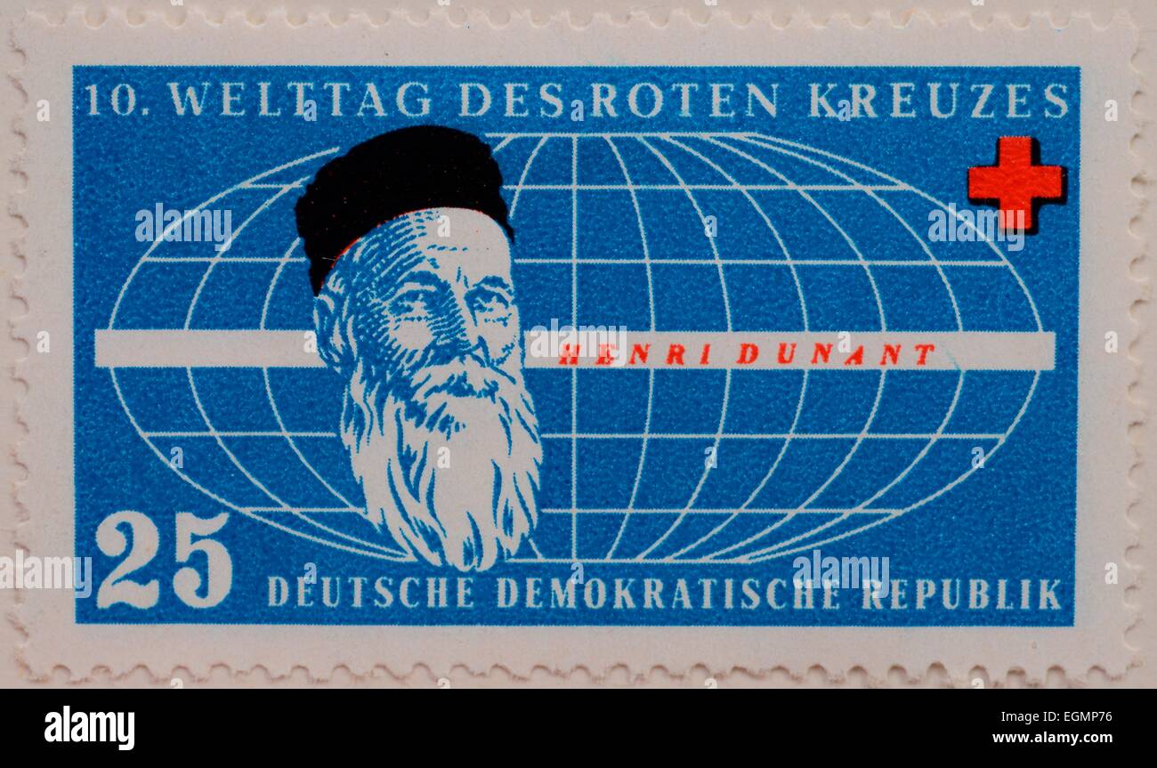 Henry Dunant, Porträt auf einer Briefmarke zum 10. Welttag des Roten Kreuzes, DDR, 1956 Stockfoto