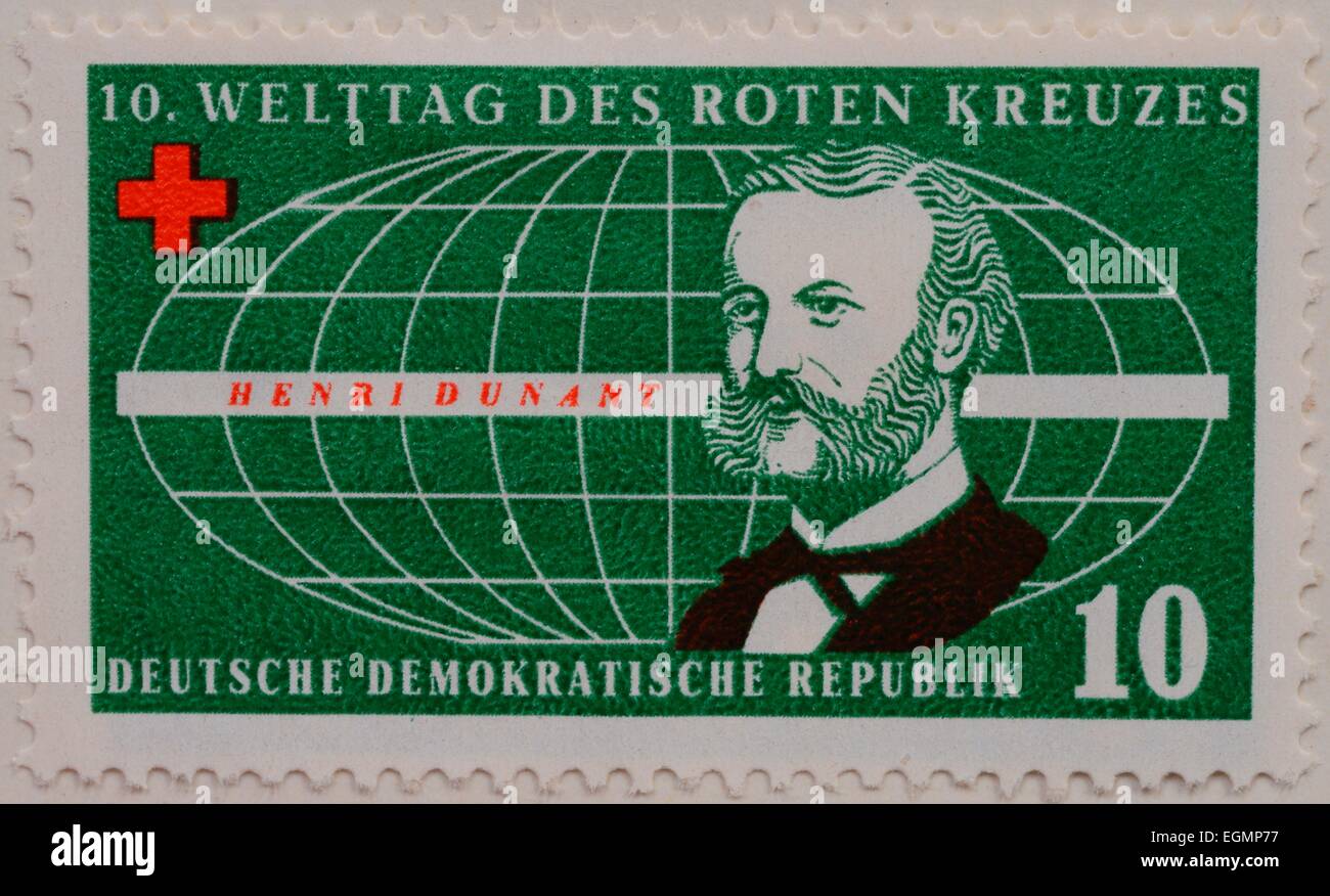 Henry Dunant, Porträt auf einer Briefmarke zum 10. Welttag des Roten Kreuzes, DDR, 1956 Stockfoto