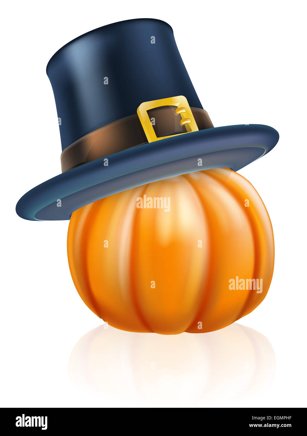 Cartoon Thanksgiving Kürbis trägt einen Pilger oder Puritan flache gekrönt Hut an der Spitze Stockfoto