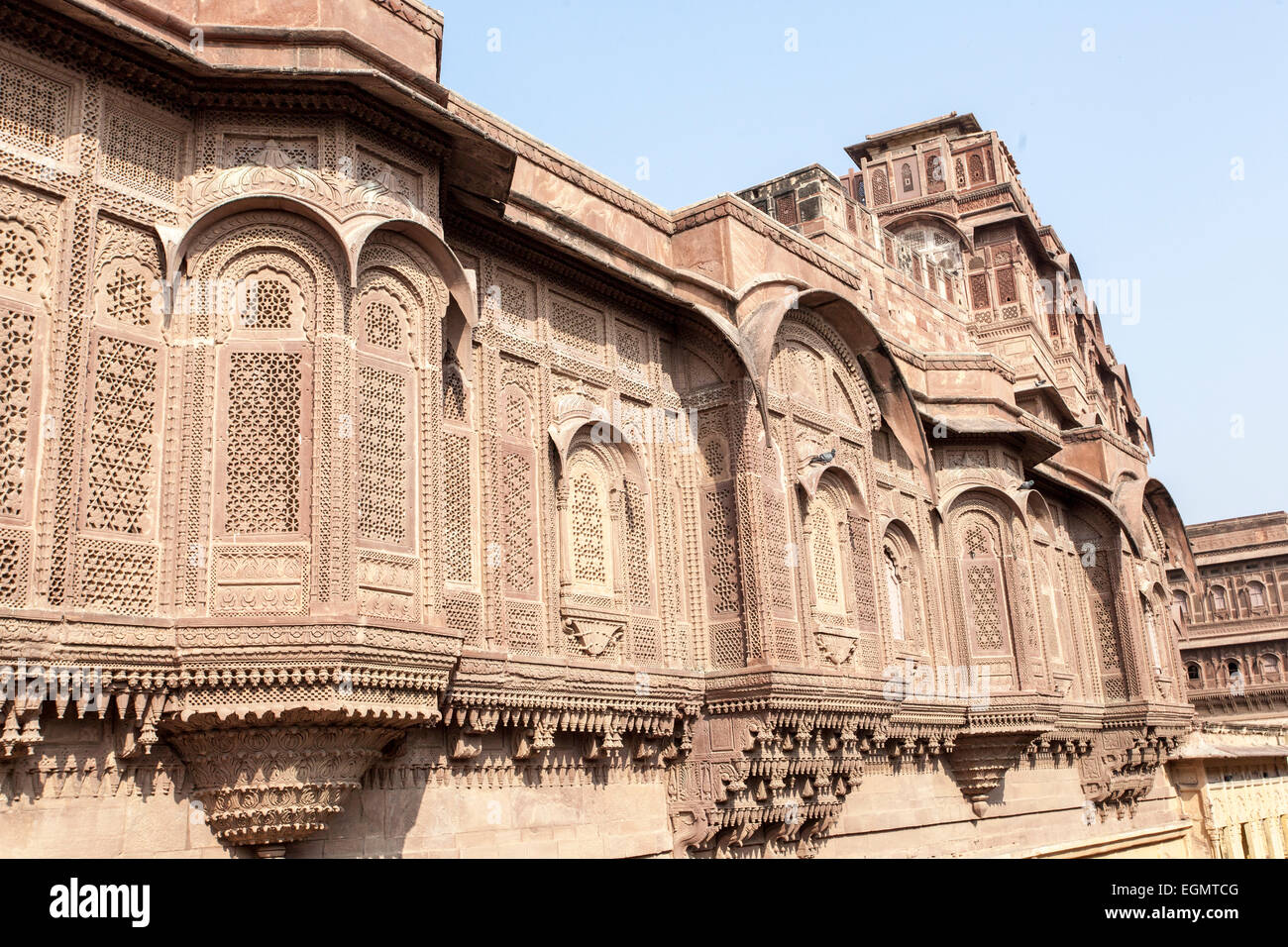 Mehrangarh Fort (Hindi: मेहरानगढ़ का किला), befindet sich in Jodhpur, Rajasthan Stockfoto