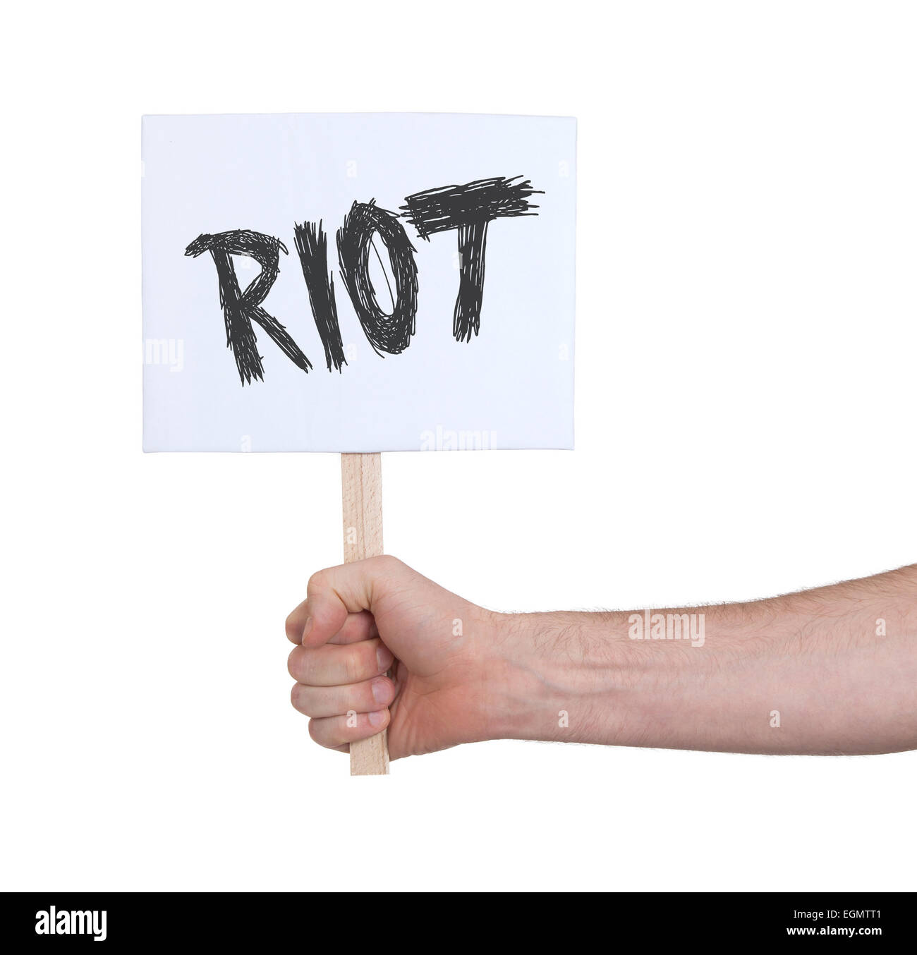 Hand mit Schild, isoliert auf weiss - Riot Stockfoto