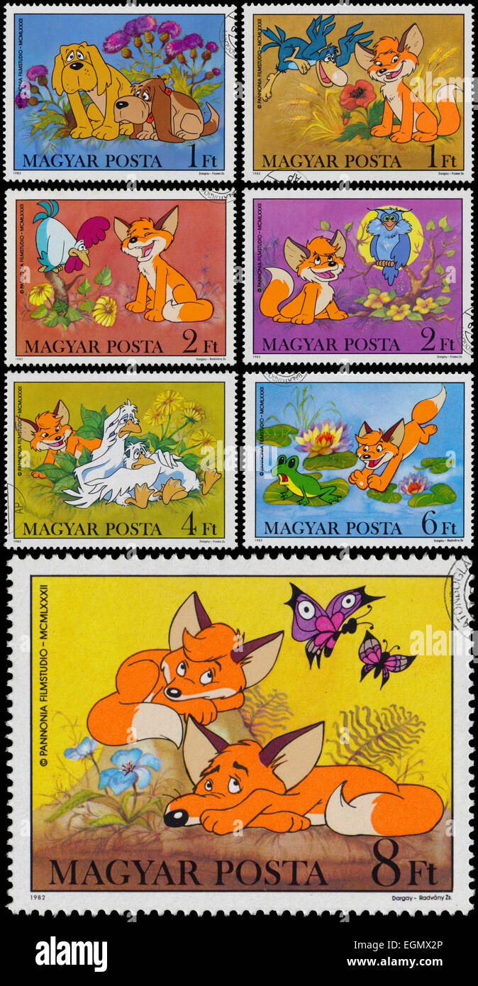 Ungarn - CIRCA 1982: Satz von Briefmarken von Ungarn gedruckt, zeigt Szenen aus Vuk Fox Cub, Karikatur von Attila Dargay, ca. 1982 Stockfoto