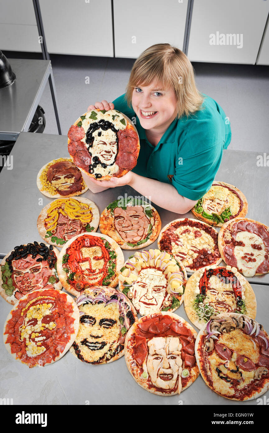 Essen Künstler Prudence Staite schuf Pizzas von bekannten Gesichtern. Stockfoto