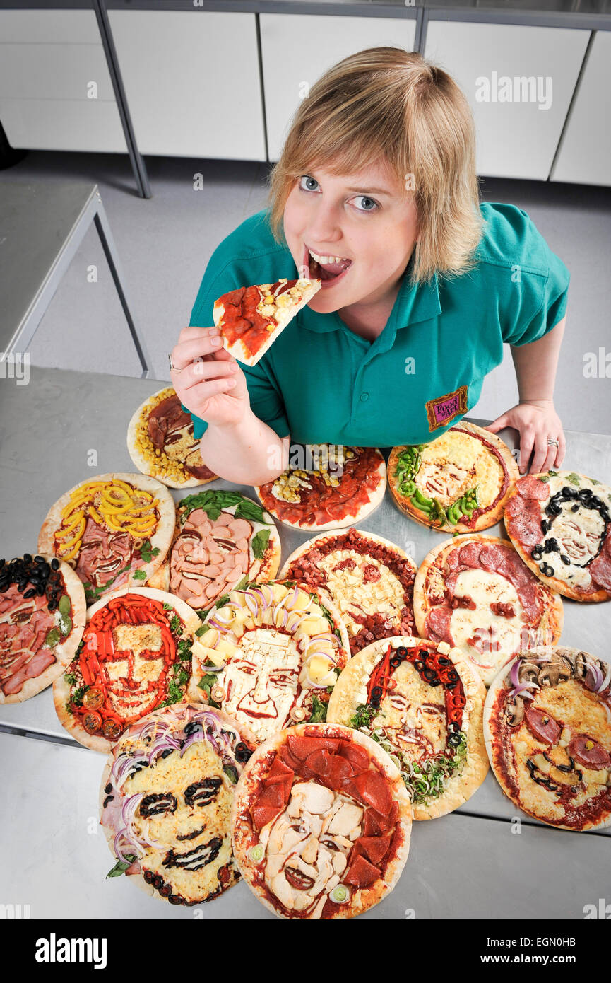 Essen Künstler Prudence Staite schuf Pizzas von bekannten Gesichtern. Stockfoto