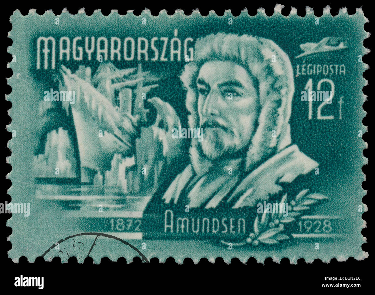 Ungarn - CIRCA 1948: Zeigt eine Briefmarke gedruckt durch Ungarn, Erfinder und Entdecker Amundsen (1872-1928), ca. 1948 Stockfoto