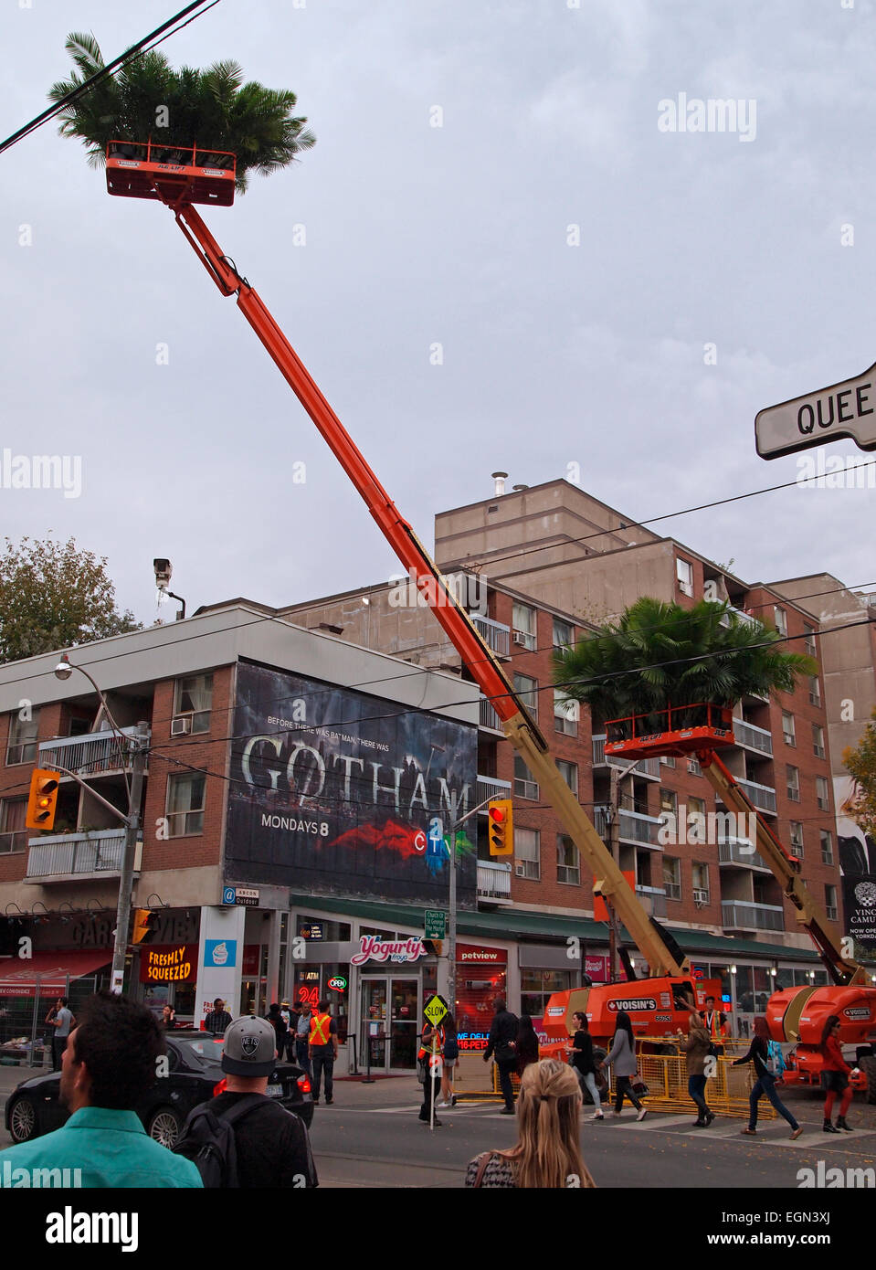 Landschaftsbau in der Höhe! Zwei Hubarbeitsbühnen (oder Cherry Picker) bewegen, um schwere Topfpflanzen in der Queen Street West, Toronto, Ontario, Kanada Stockfoto