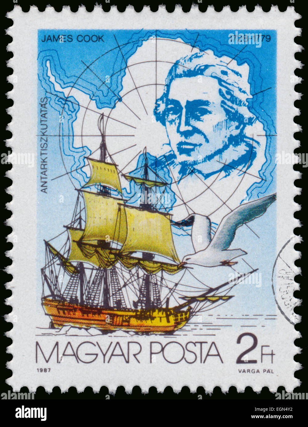 Ungarn - CIRCA 1987: Briefmarke gedruckt von Ungarn, zeigt James Cook (1728-1779) entdecken Südpol, ca. 1987 Stockfoto