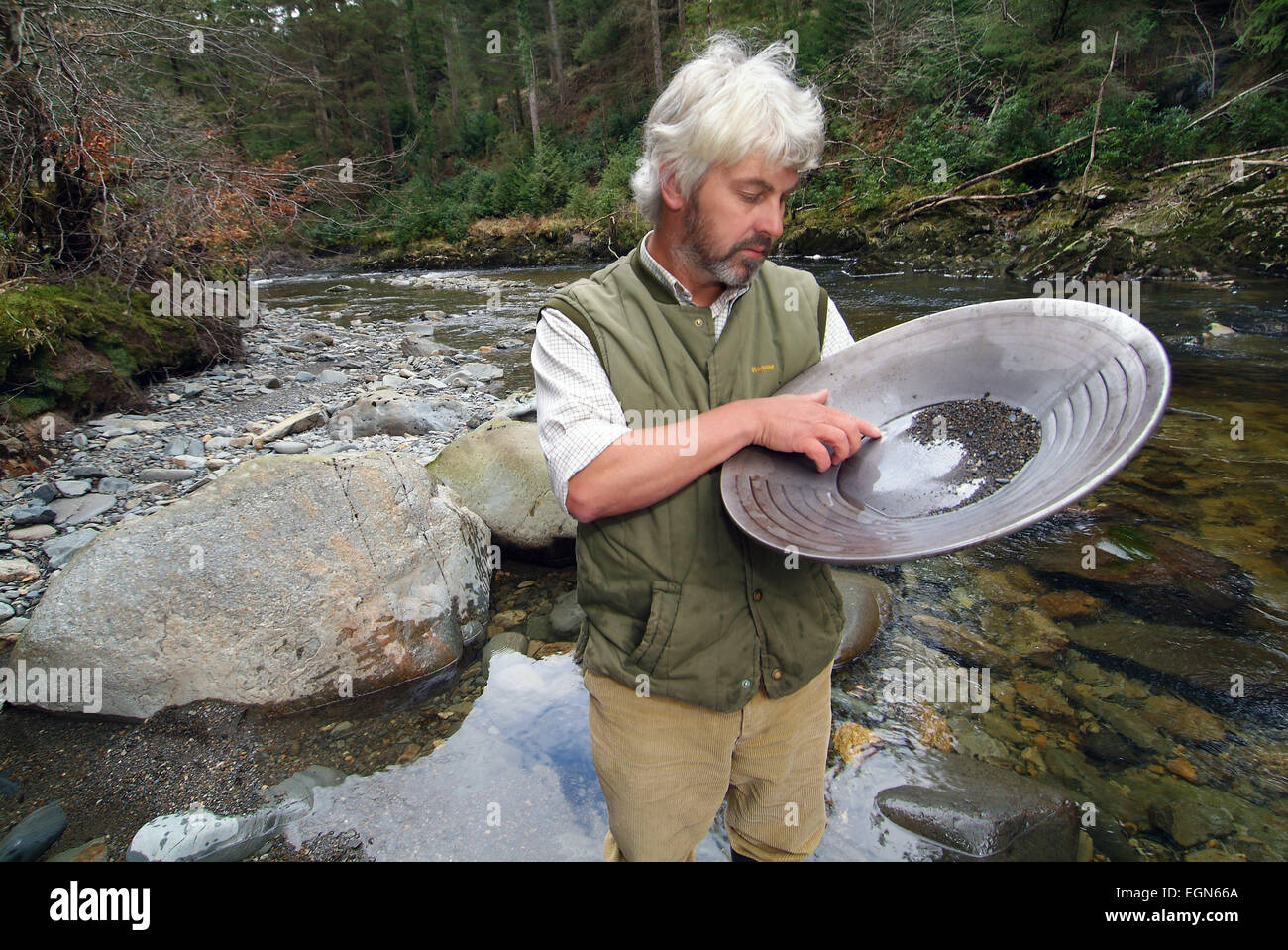 Geologe und Gold Panner Vincent Thurkettle Pfannen für Welsh Gold an einem Fluss in Nord Wales.a UK royal Hochzeit Ringe Stockfoto