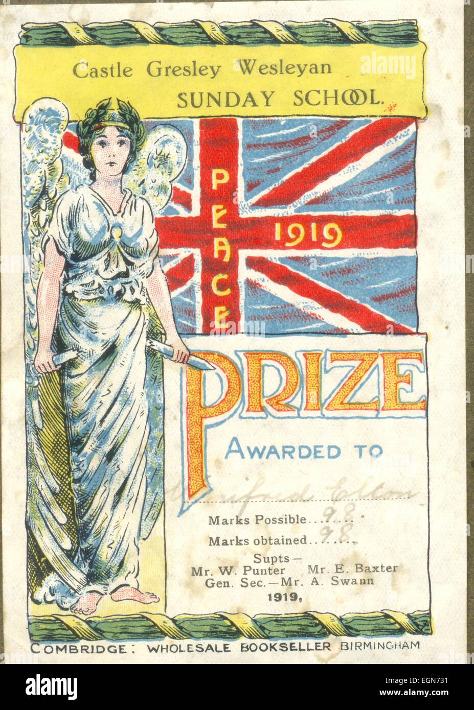Preis exlibris von der Burg Gresley Wesleyan Sonntag Schule 1919 ausgezeichnet den Frieden feiern, Stockfoto