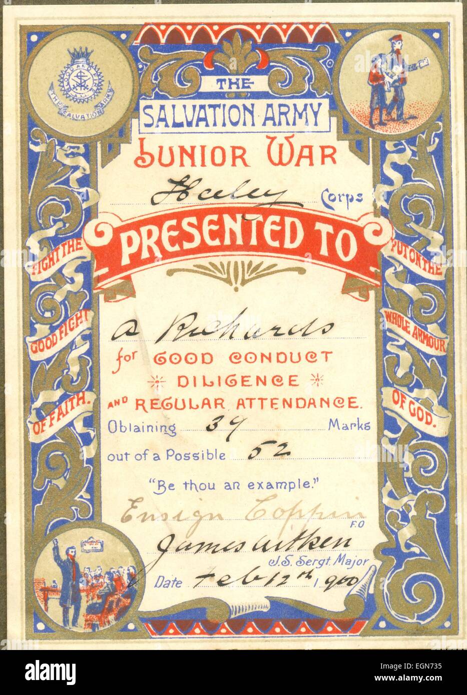 Preis exlibris von der Heilsarmee Junior Krieg für Wohlverhalten, Fleiß und regelmäßige Teilnahme 12. Februar 1900 verliehen Stockfoto