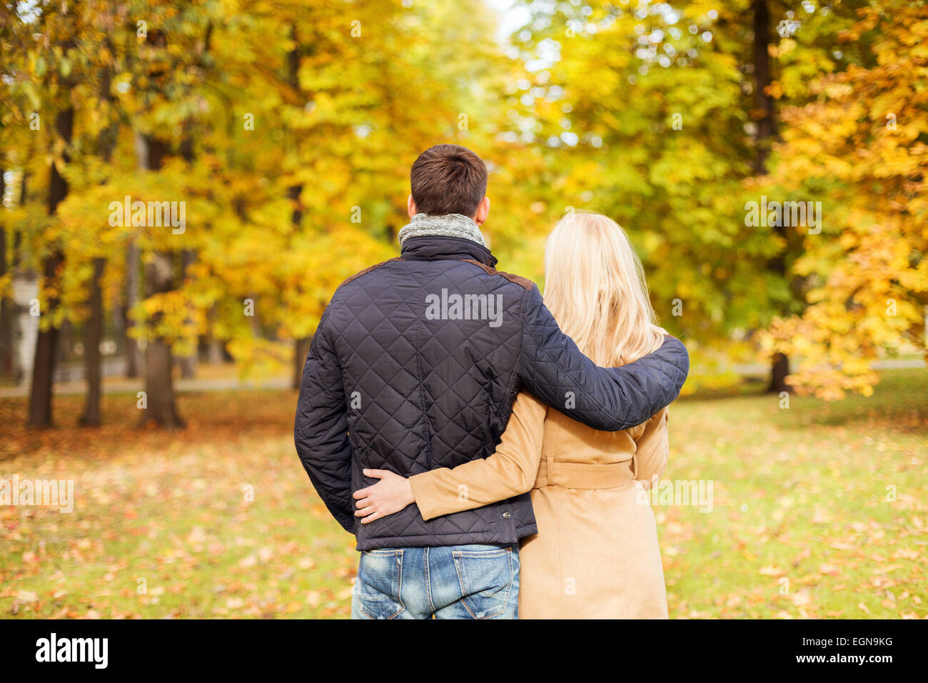 paar im Herbst Park von hinten umarmt Stockfoto