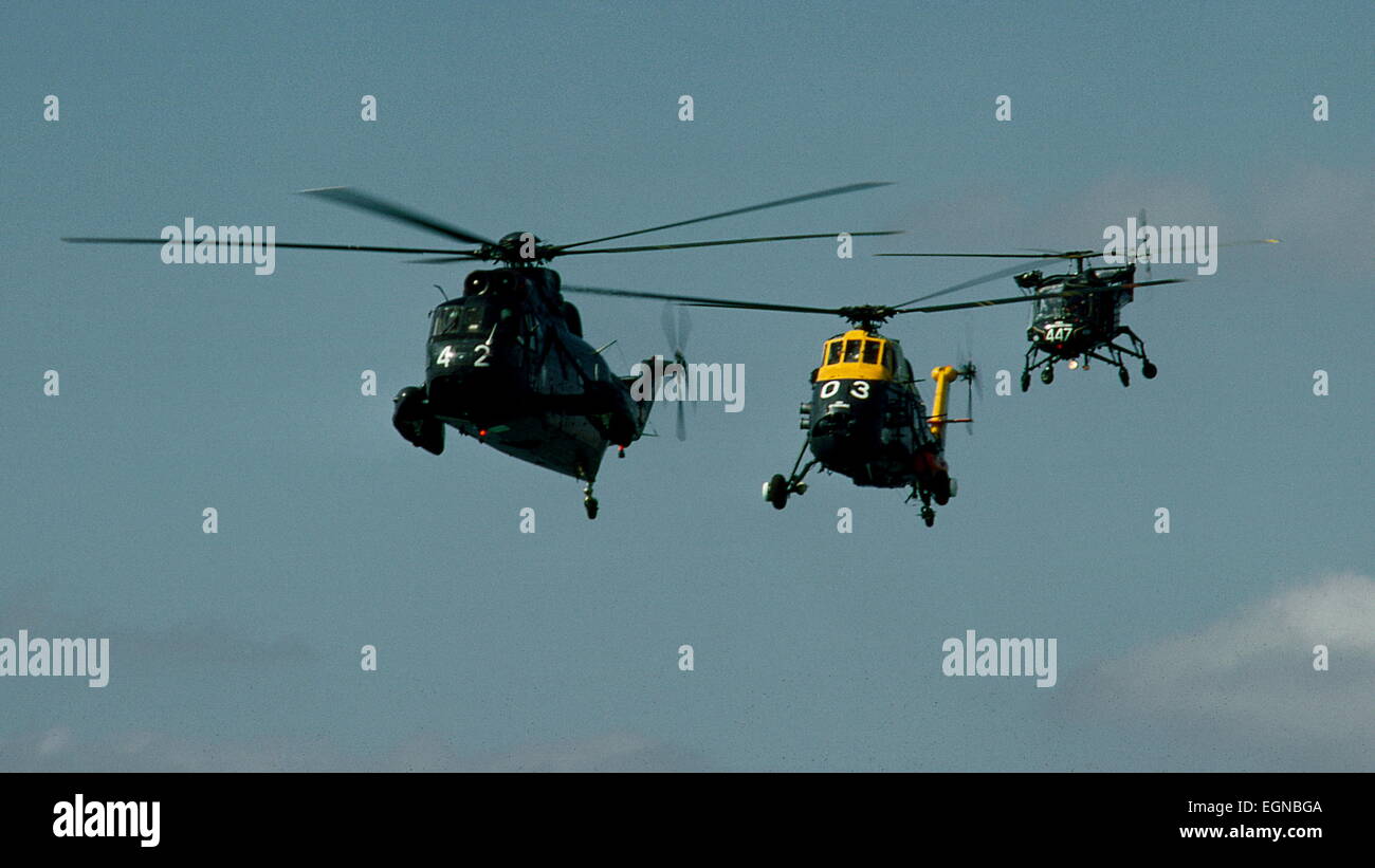 AJAXNETPHOTO. 1973. PORTSMOUTH, ENGLAND - HELO DURCHFLUG - SEA KING LEADS A WESSEX UND WESPE ÜBER DEM HAFEN VON PORTSMOUTH. FOTO: JONATHAN EASTLAND/AJAX REF: 300561215 Stockfoto