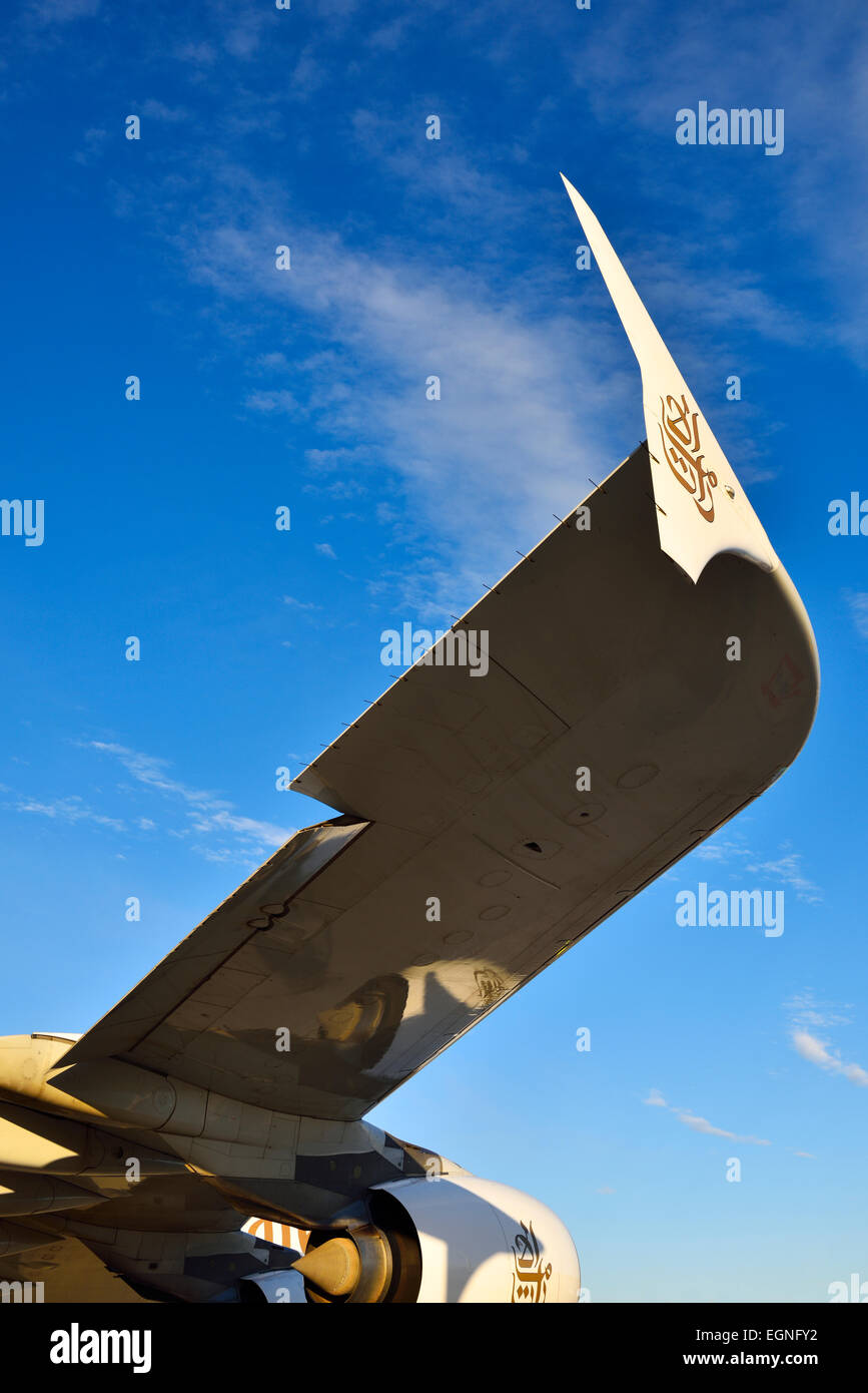 Emirate Airlines Airways, Airbus, ein 380 Flugzeugen, Flügel, Winglet, Höhenleitwerk, Stockfoto