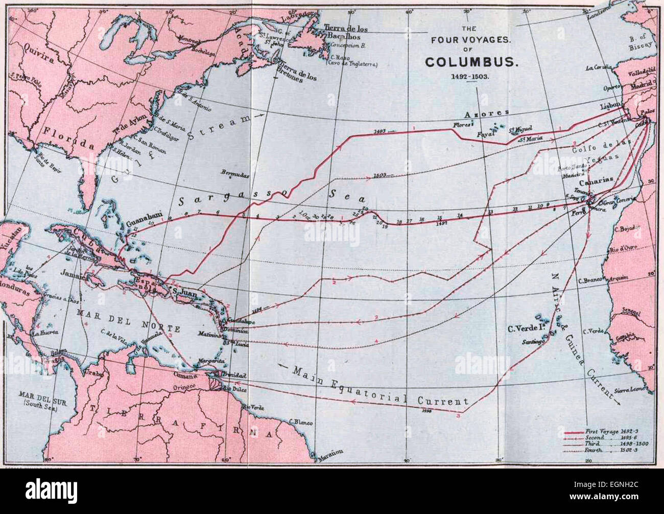 Karte der vier Reisen des Columbus 1492-1503 Stockfoto