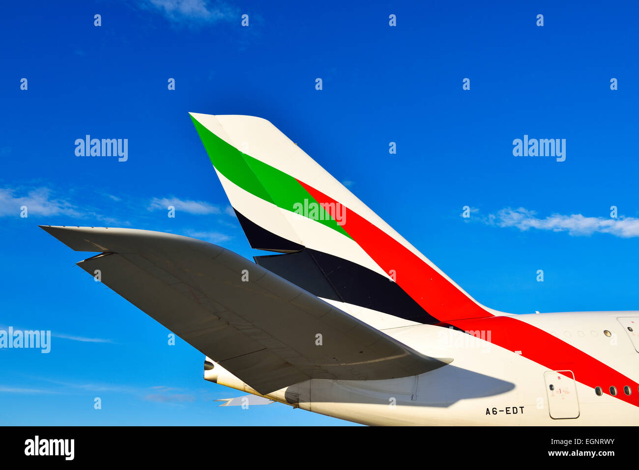 Emirate Airlines Airways, Airbus, ein 380 Flugzeugen, Flügel, Winglet, Höhenleitwerk, Stockfoto